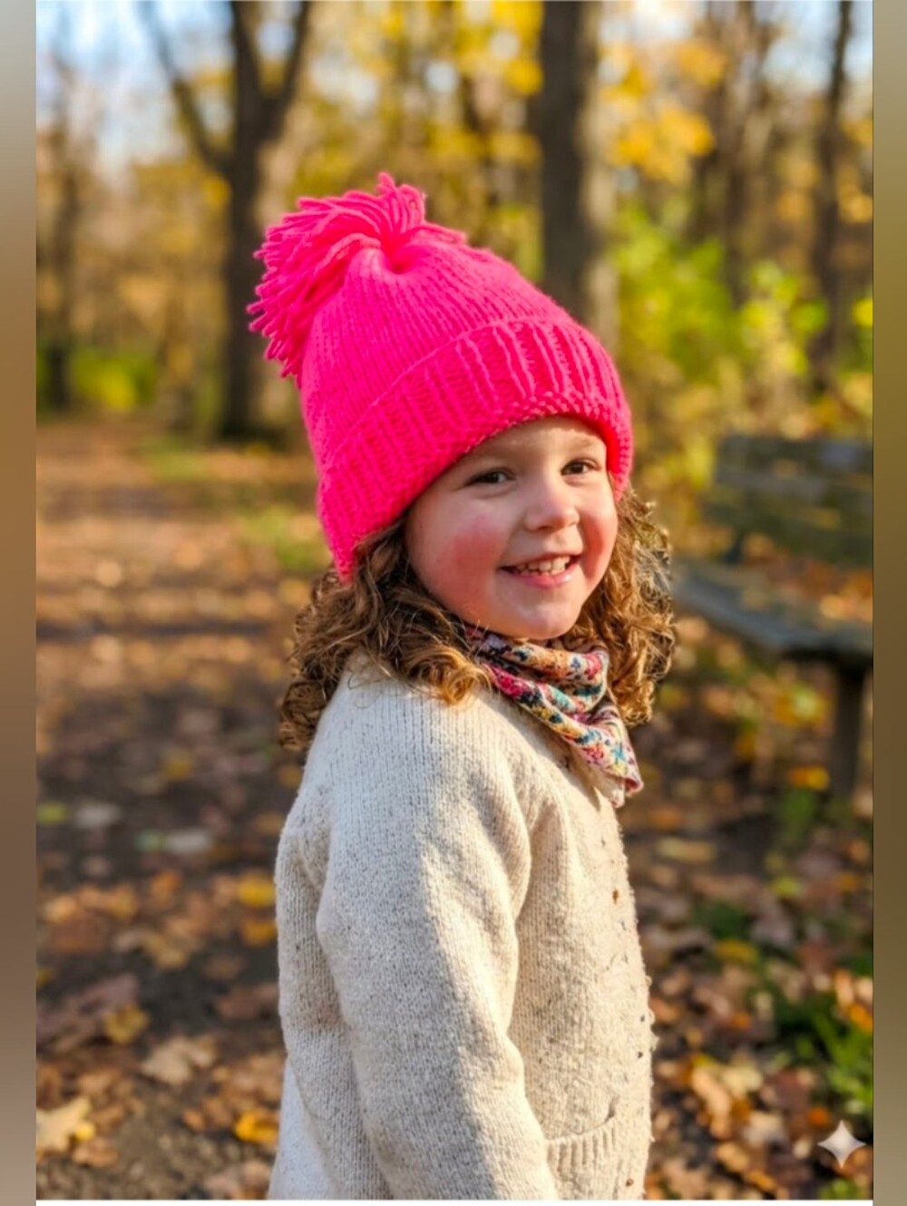 Hand Knit Neon Pink Beanie Hat With Floppy Pom-pom OSFM